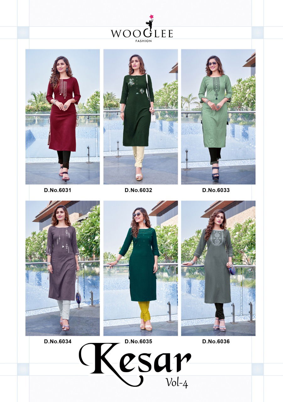 Wooglee Fashion Kesar Vol 4 Rayon Party Wear Weaving With Embroidery Hand Work Kurti With Pant Collection